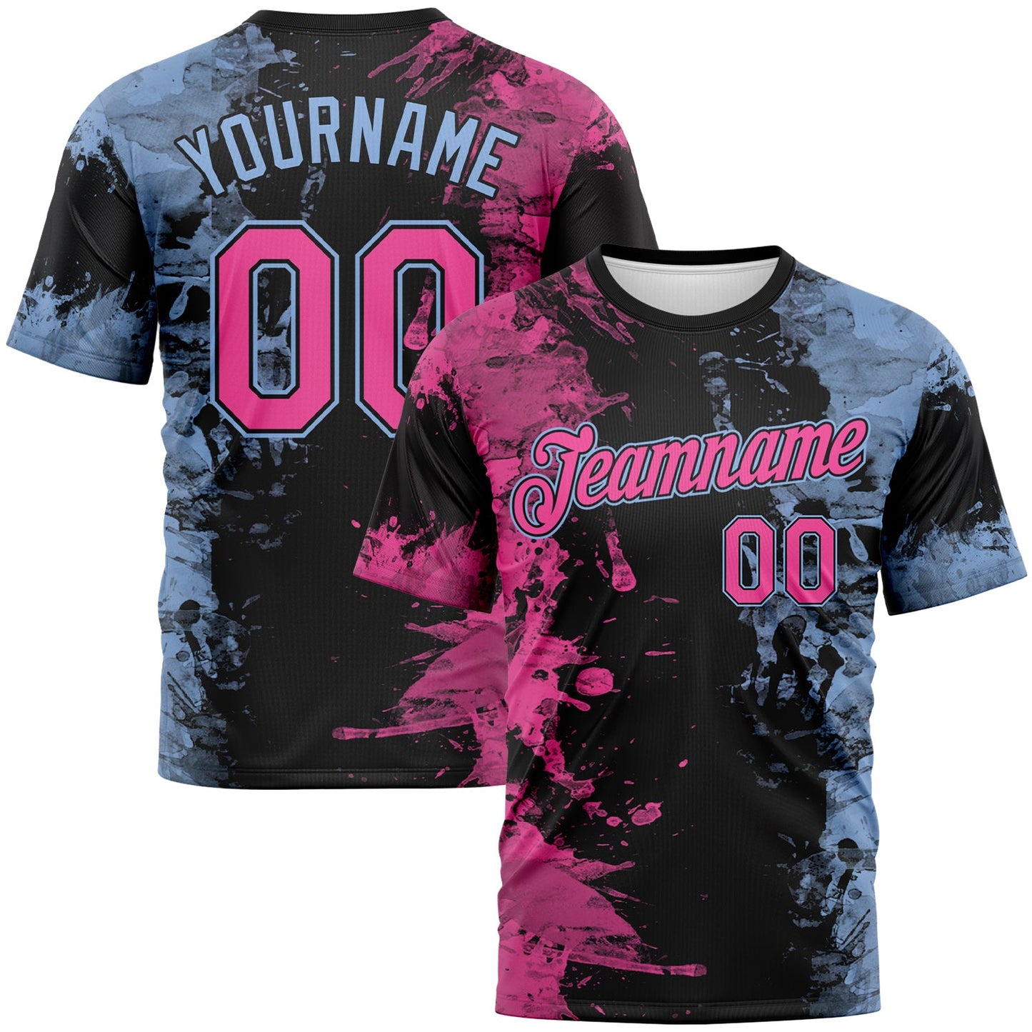 Custom Pink Black-Light Blue Ink Splash Duotono Style Performance T-Shirt - Main View