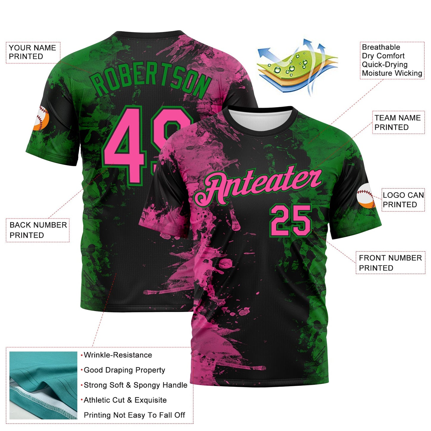 Custom Pink Black-Grass Green Ink Splash Duotono Style Performance T-Shirt view 2
