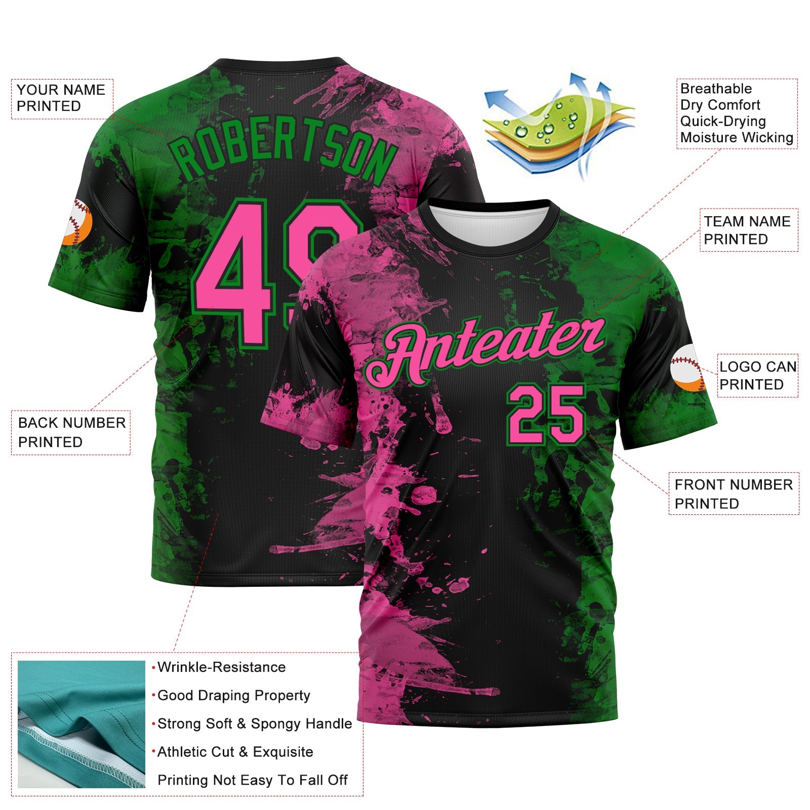 Custom Pink Black-Grass Green Ink Splash Duotono Style Performance T-Shirt view 2