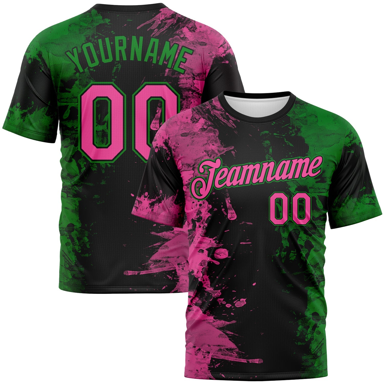 Custom Pink Black-Grass Green Ink Splash Duotono Style Performance T-Shirt - Main View