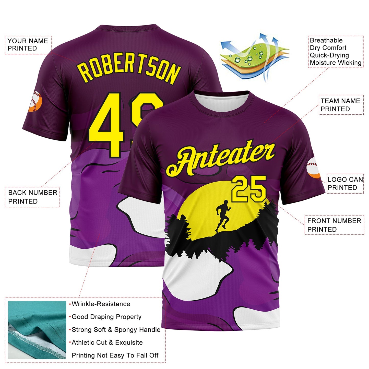 Custom Purple Light Yellow White-Black Brush Stroke Trail Running Mountain Outdoor Sportswear Performance T-Shirt view 2