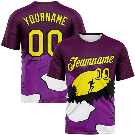 Custom Purple Light Yellow White-Black Brush Stroke Trail Running Mountain Outdoor Sportswear Performance T-Shirt - Main View