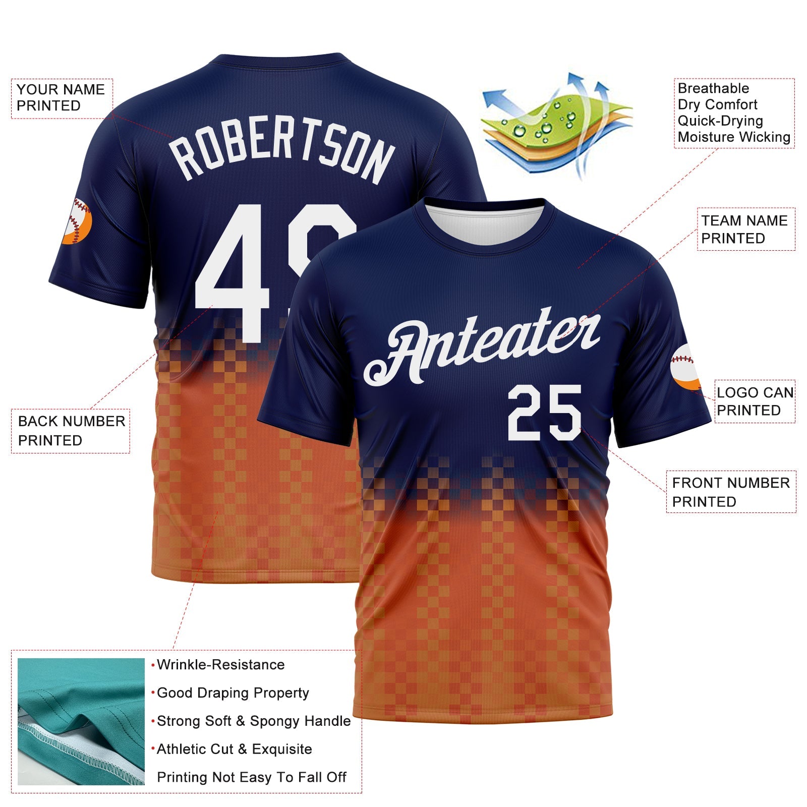 Custom Navy White-Orange Gradient Racing Checkerboard Sportswear Performance T-Shirt view 2