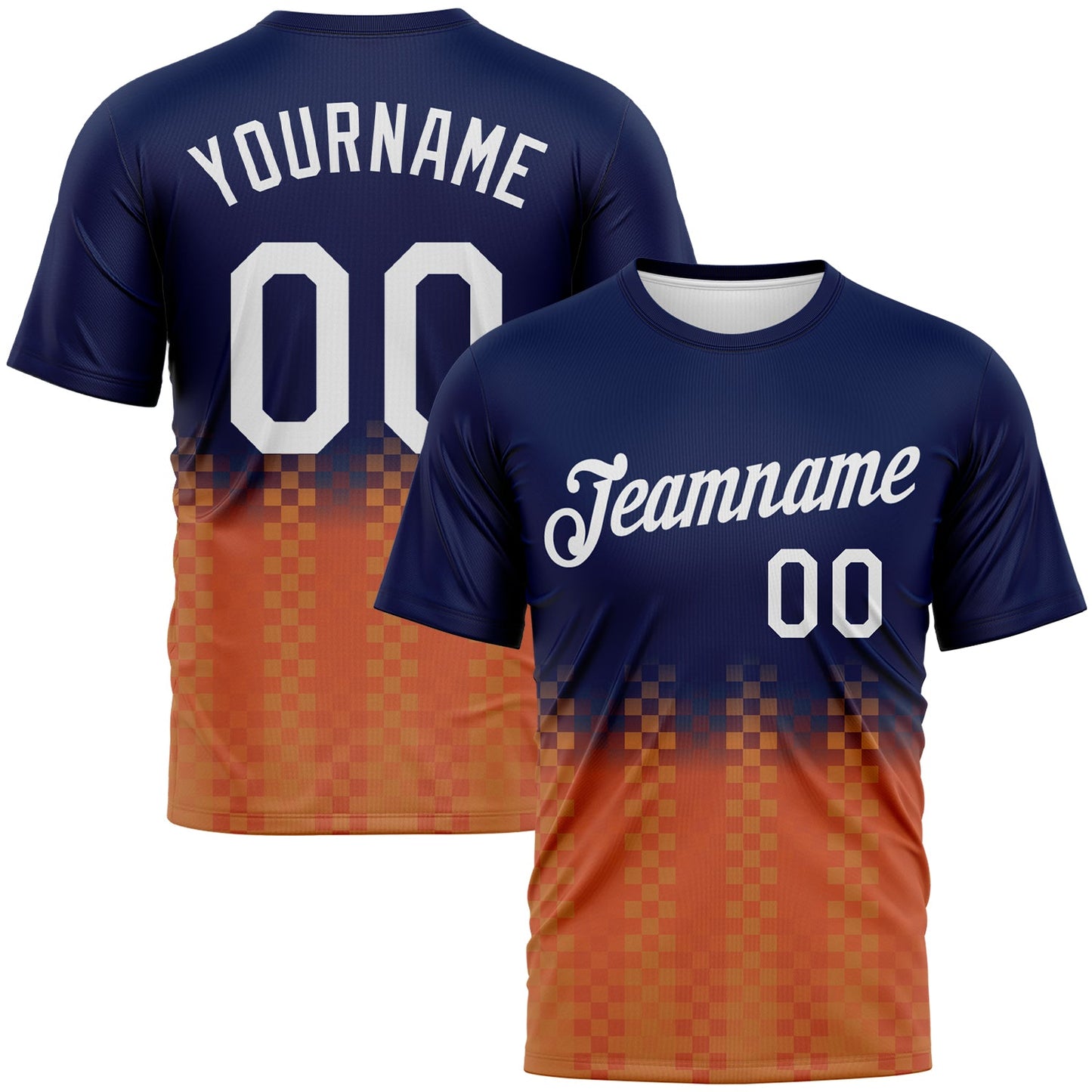 Custom Navy White-Orange Gradient Racing Checkerboard Sportswear Performance T-Shirt - Main View
