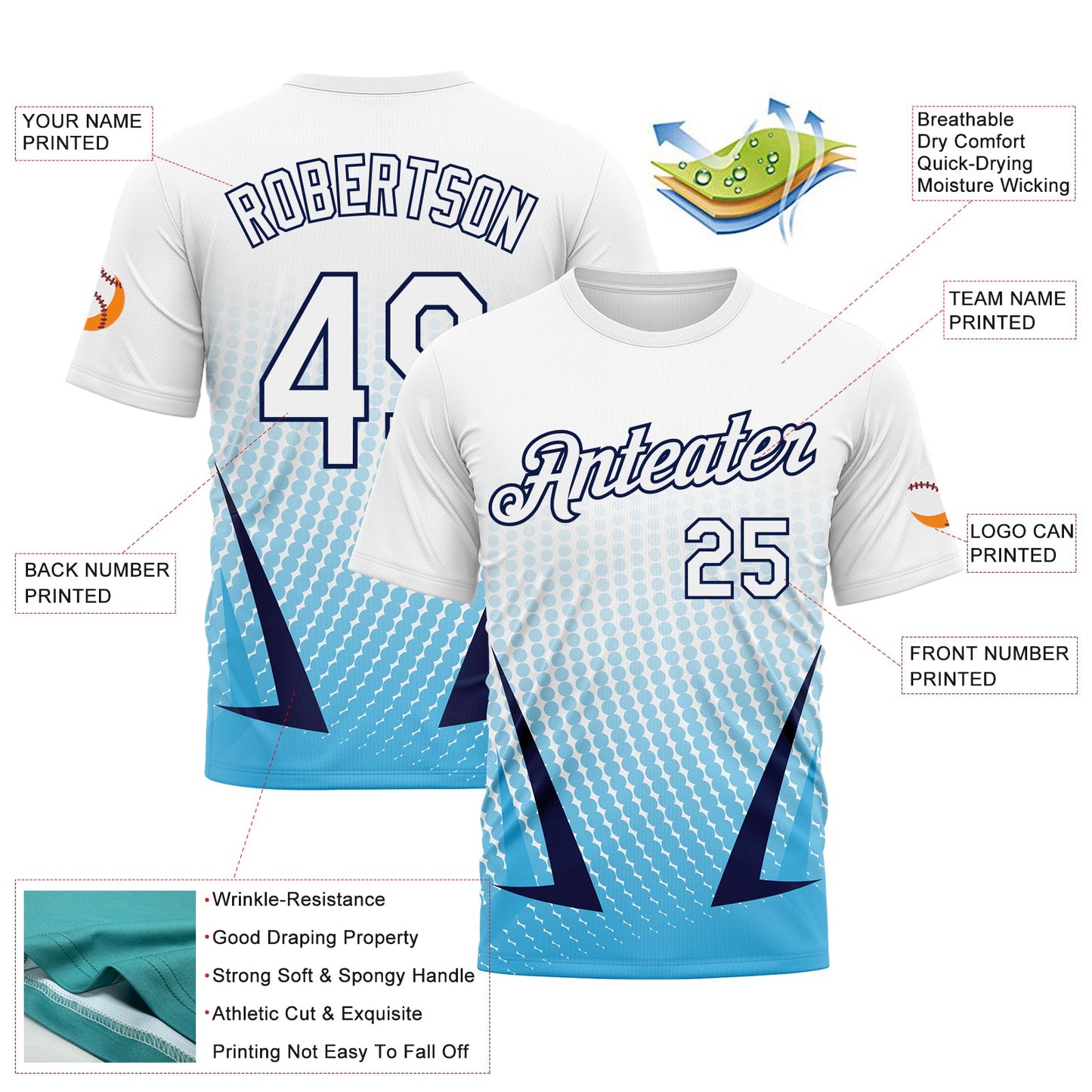 Custom White Sky Blue-Navy Gradient Dot Halftone Sportswear Performance T-Shirt view 2