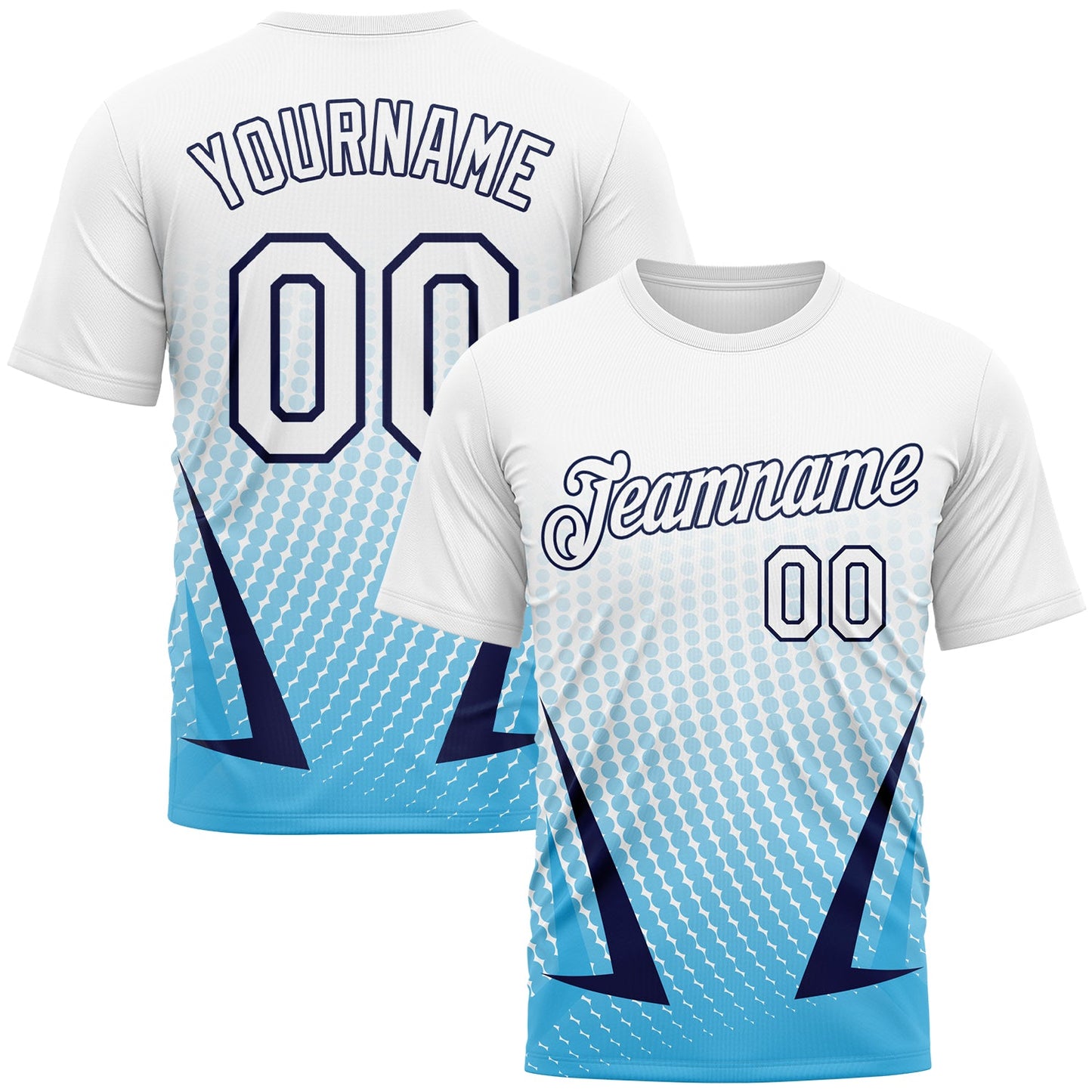 Custom White Sky Blue-Navy Gradient Dot Halftone Sportswear Performance T-Shirt - Main View