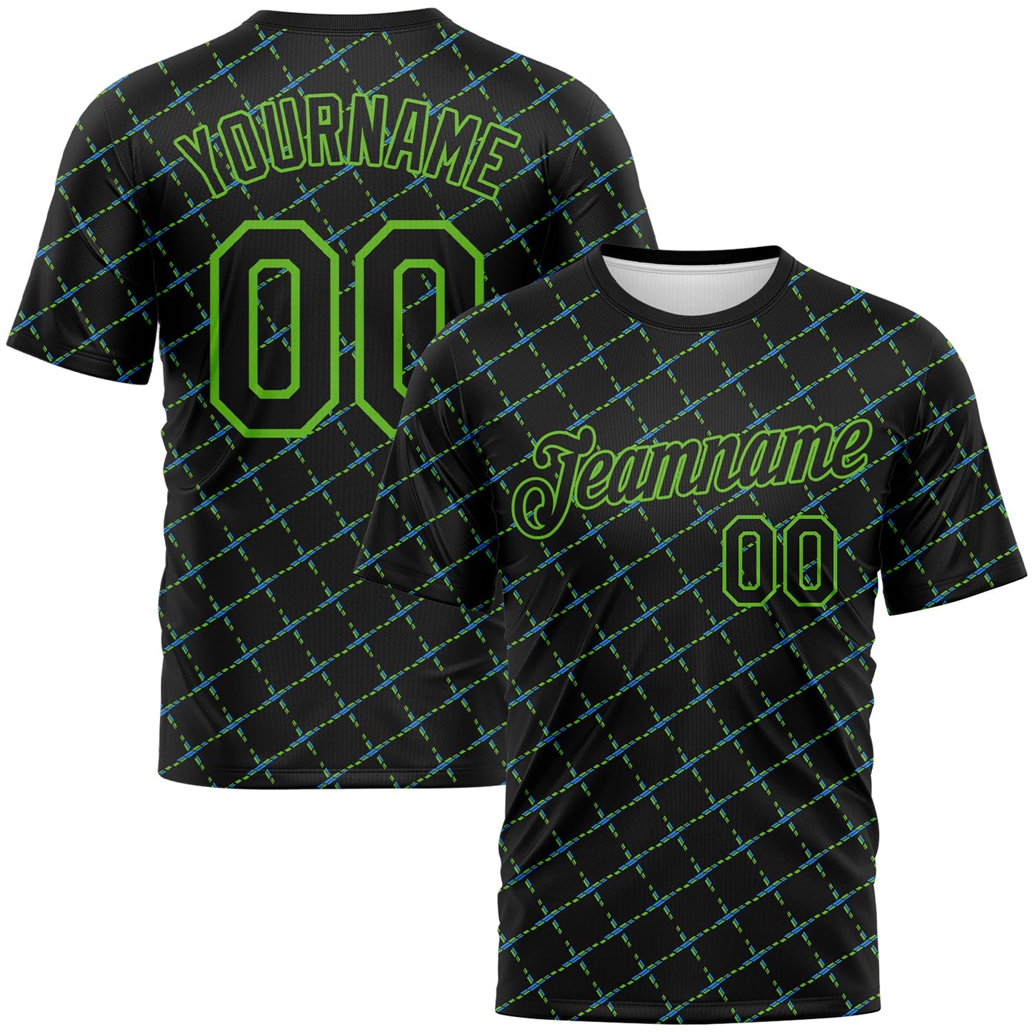 Custom Black Blue-Aurora Green Diamond Crosshatch Sportswear Performance T-Shirt - Main View