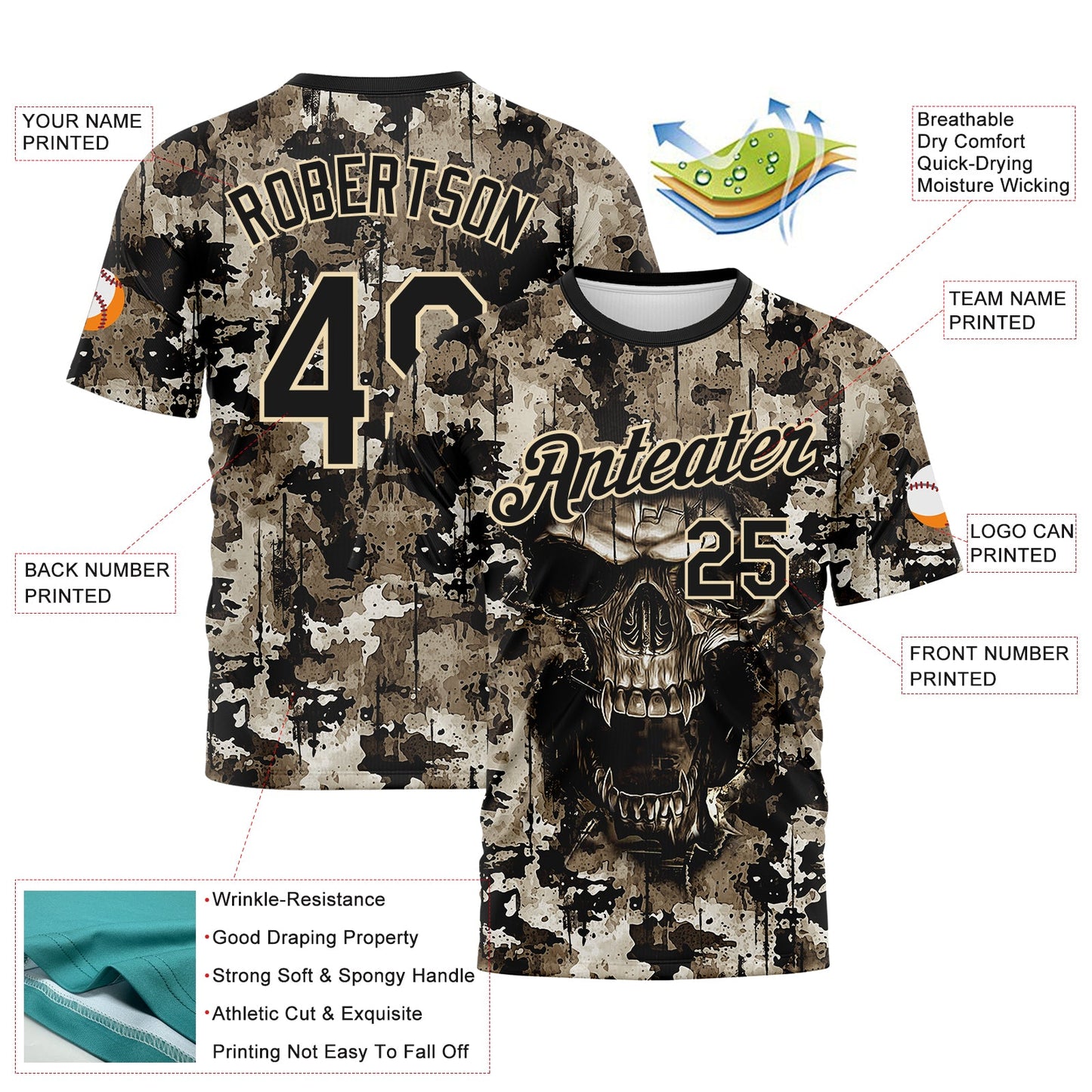 Custom Black-City Cream Skull Gothic Distressed Grunge Splatter Performance T-Shirt view 2