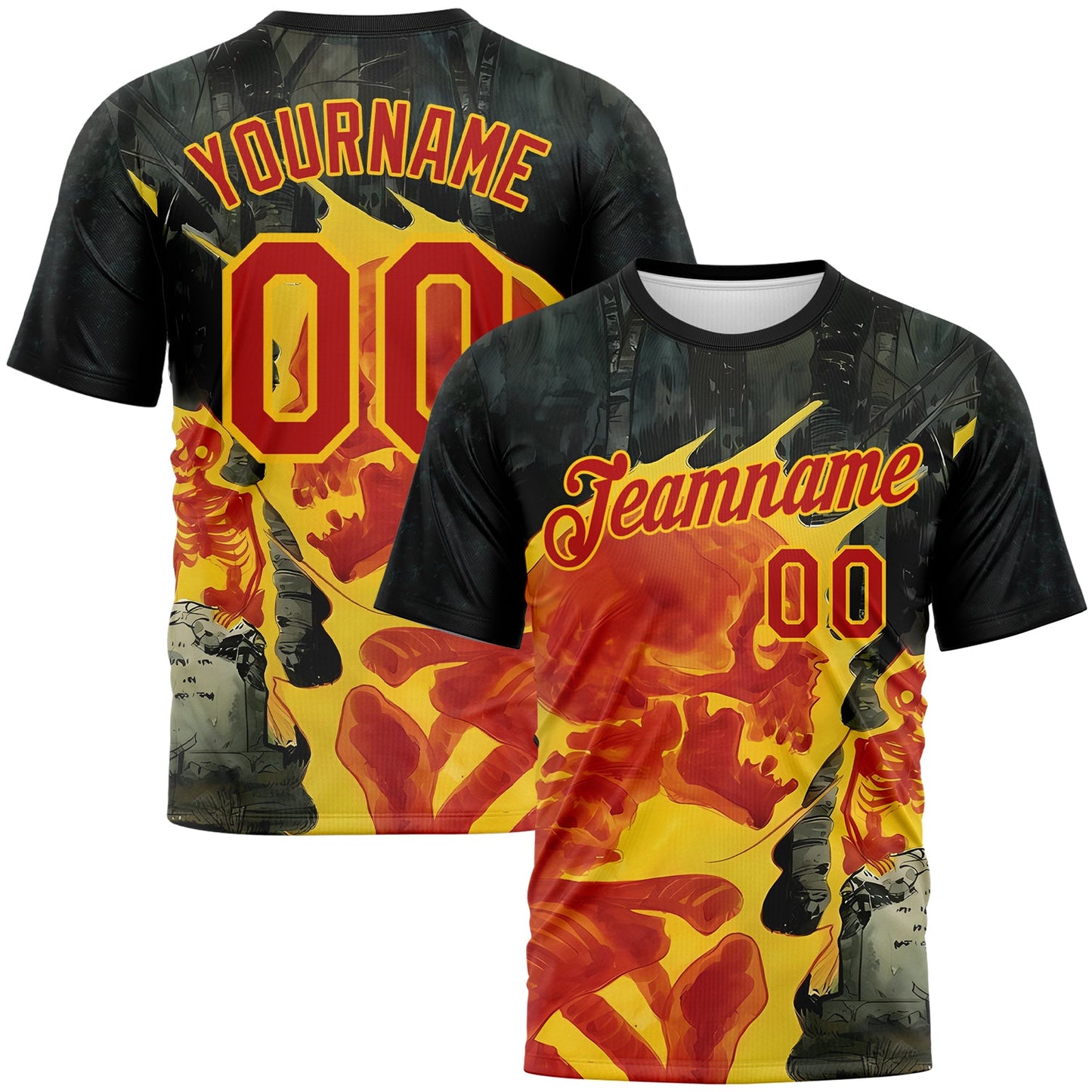 Custom Black Red-Yellow Skull Gothic Distressed Grunge Performance T-Shirt - Main View