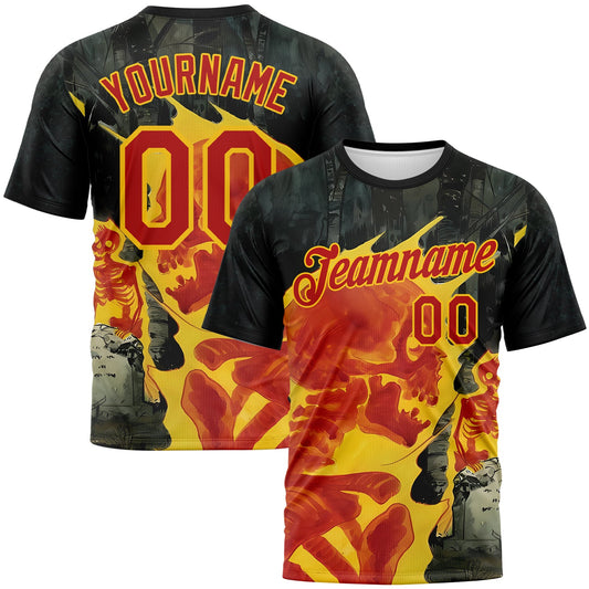 Custom Black Red-Yellow Skull Gothic Distressed Grunge Performance T-Shirt - Main View