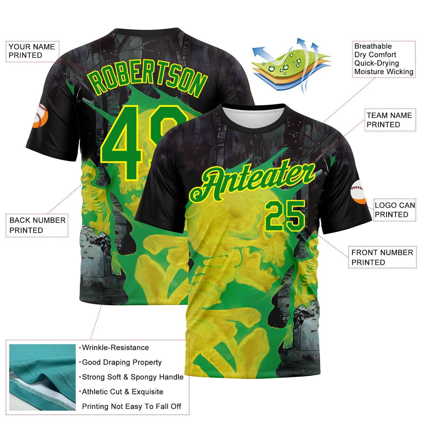 Custom Black Light Yellow-Grass Green Skull Gothic Distressed Grunge Performance T-Shirt view 2