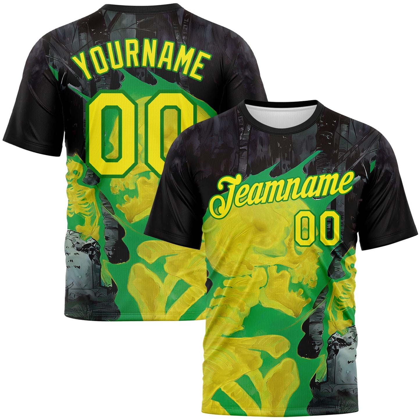 Custom Black Light Yellow-Grass Green Skull Gothic Distressed Grunge Performance T-Shirt - Main View