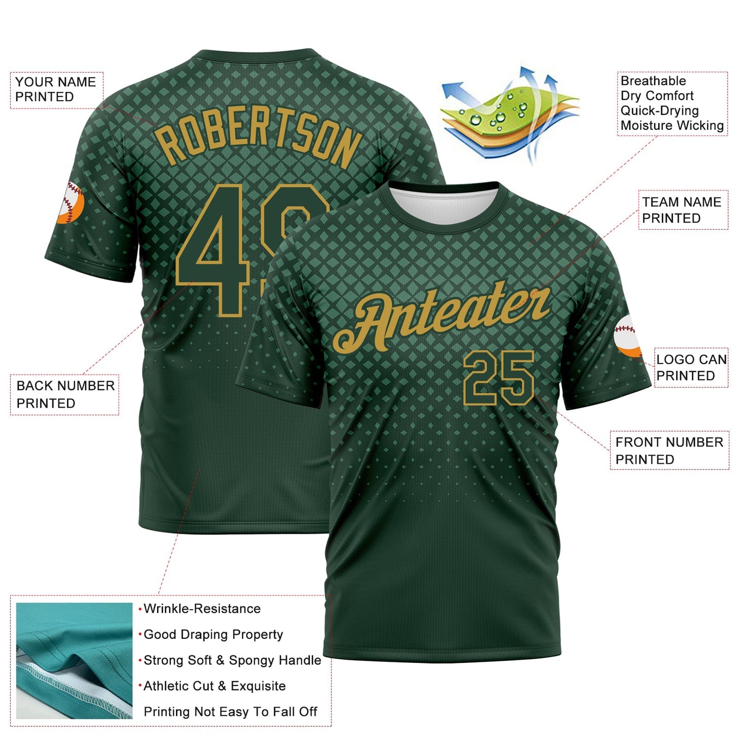 Custom Green-Old Gold Gradient Diamond Halftone Sportswear Performance T-Shirt view 2