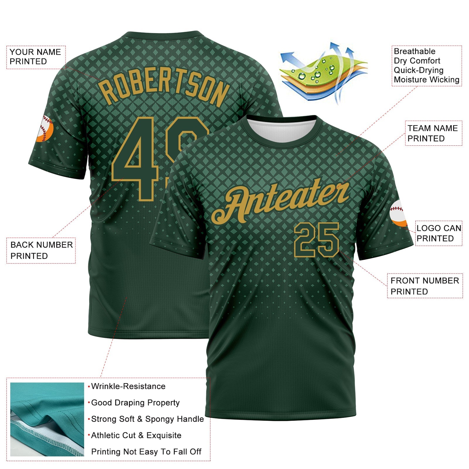 Custom Green-Old Gold Gradient Diamond Halftone Sportswear Performance T-Shirt view 2