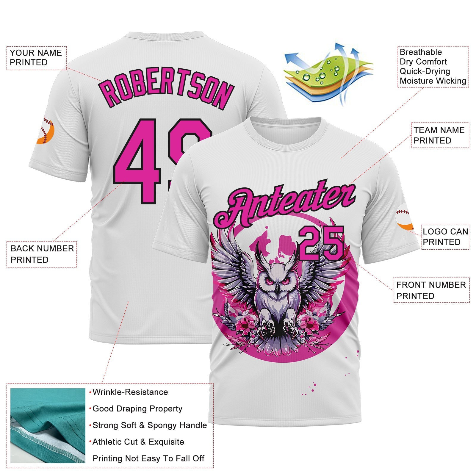 Custom White Deep Pink-Black Animal Owl Mascot Splatter Streetwear Style Performance T-Shirt view 2