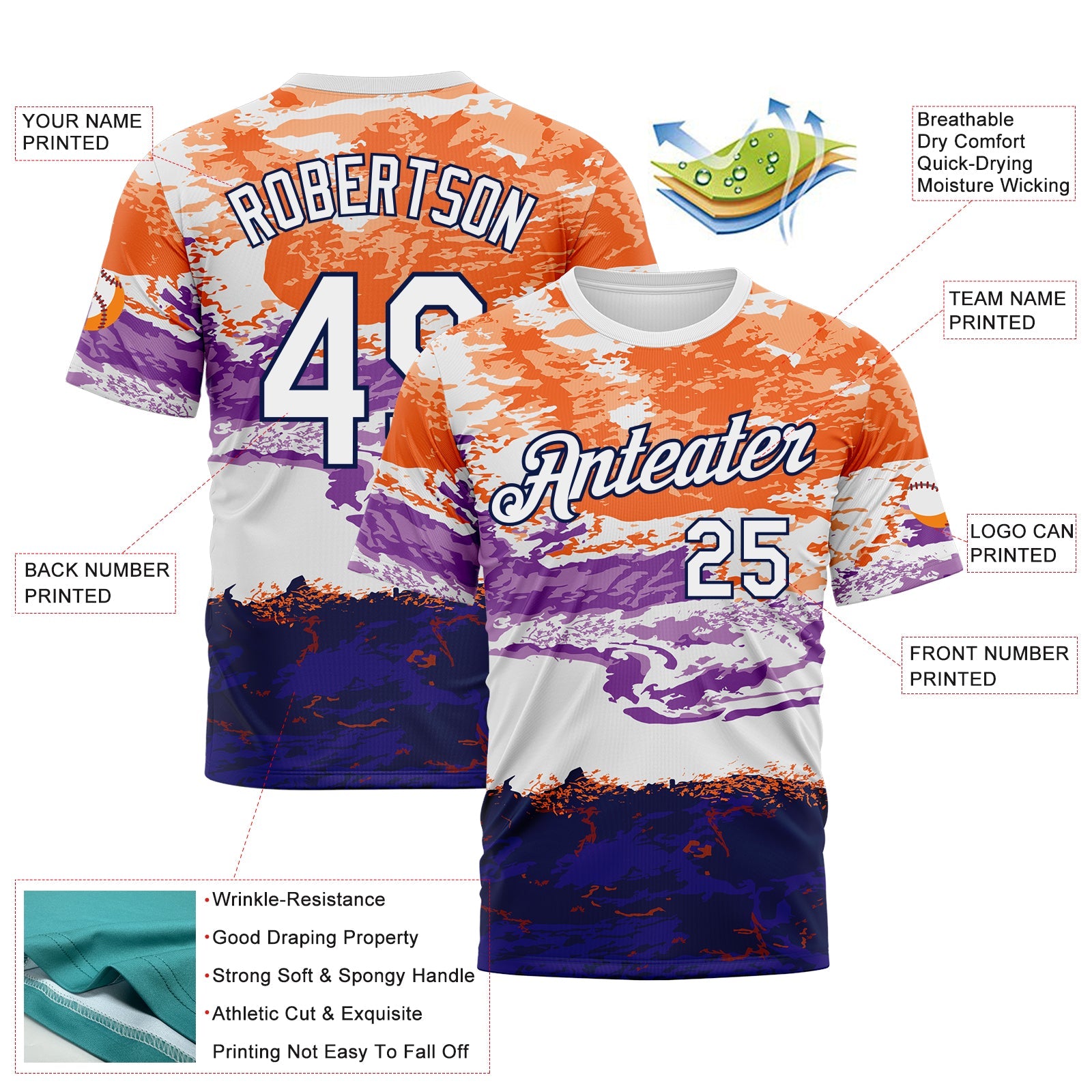 Custom Orange White Purple-Navy Distressed Abstract Paint Stroke Performance T-Shirt view 2