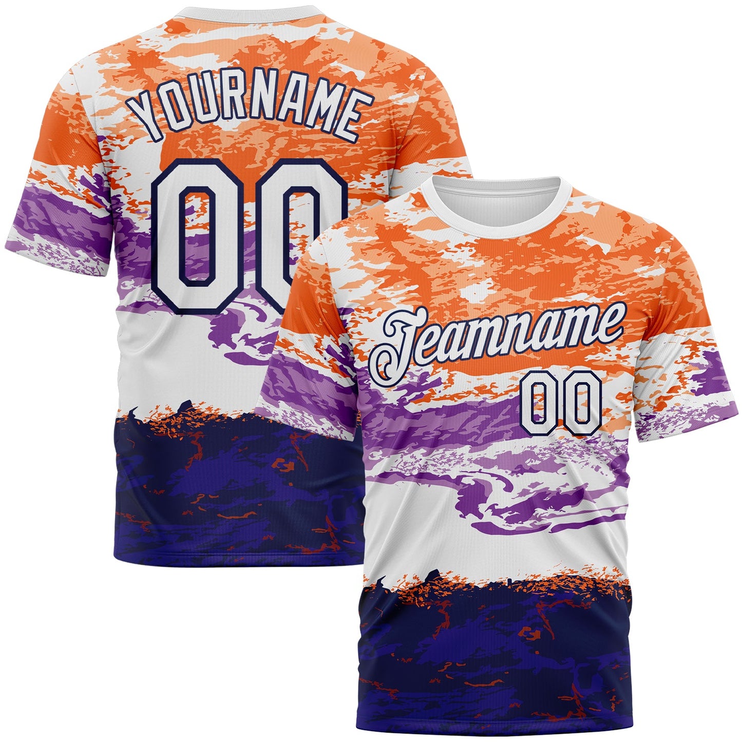 Custom Orange White Purple-Navy Distressed Abstract Paint Stroke Performance T-Shirt - Main View