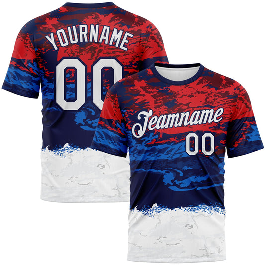 Custom Red White Blue-Navy Distressed Abstract Paint Stroke Performance T-Shirt - Main View