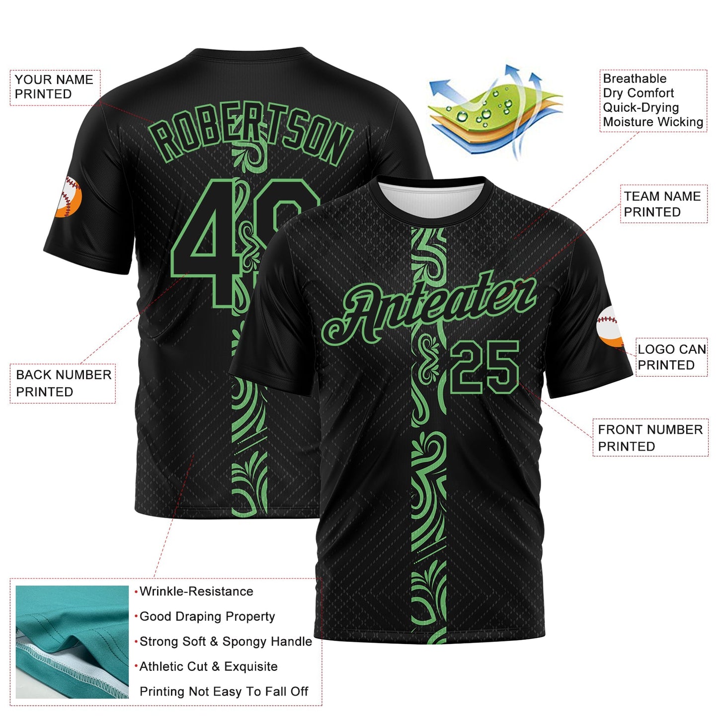 Custom Black-Pea Green Geometric Tribal Sportswear Performance T-Shirt view 2