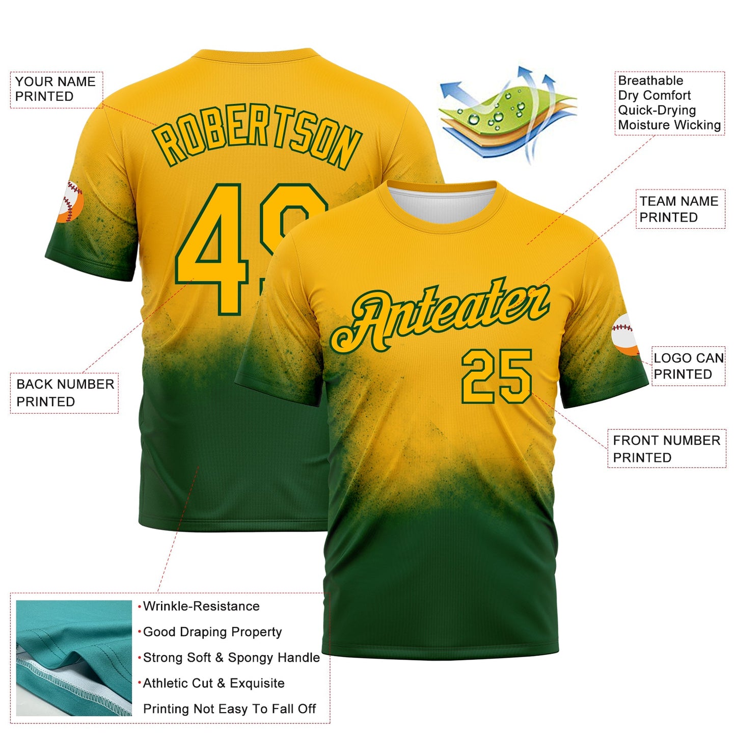 Custom Gold-Green Gradient Spray Speckle Performance T-Shirt view 2