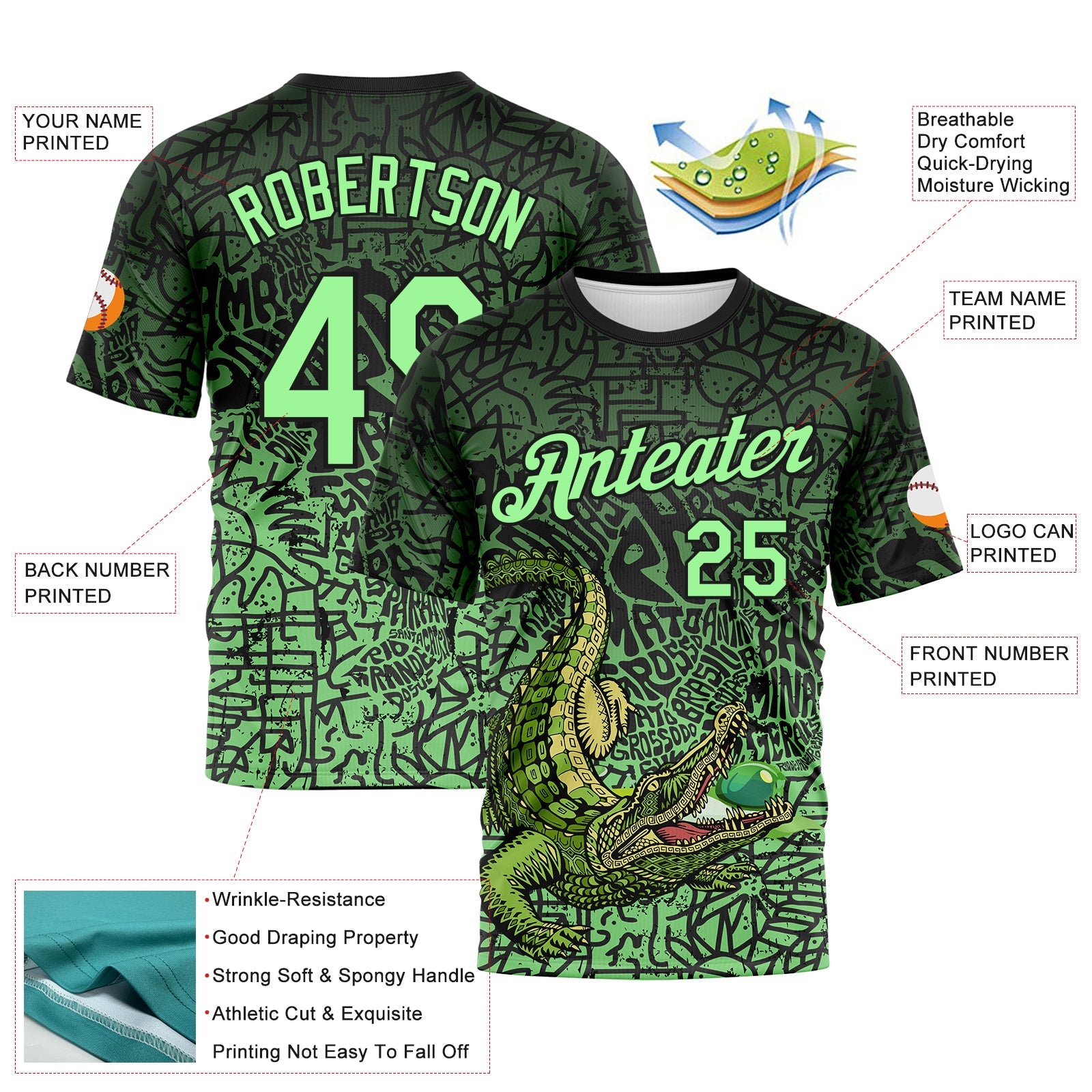 Custom Black-Pea Green Animal Alligator Mascot Street Graffiti Performance T-Shirt view 2