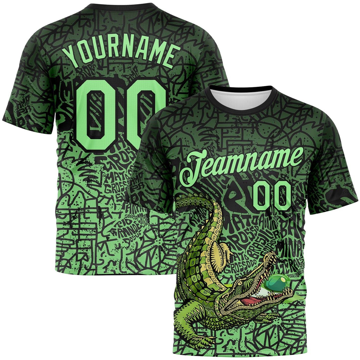 Custom Black-Pea Green Animal Alligator Mascot Street Graffiti Performance T-Shirt - Main View