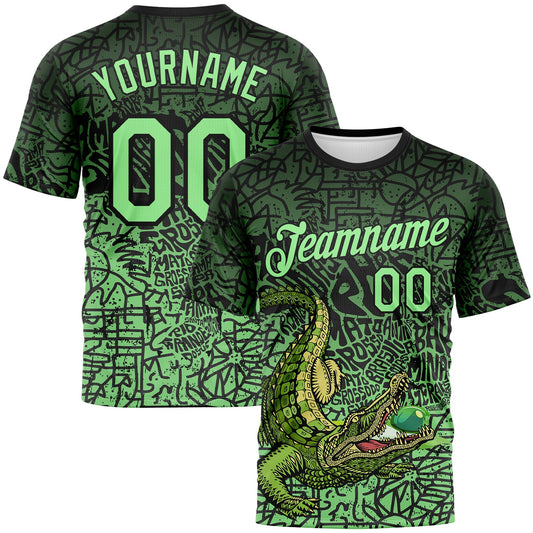 Custom Black-Pea Green Animal Alligator Mascot Street Graffiti Performance T-Shirt - Main View