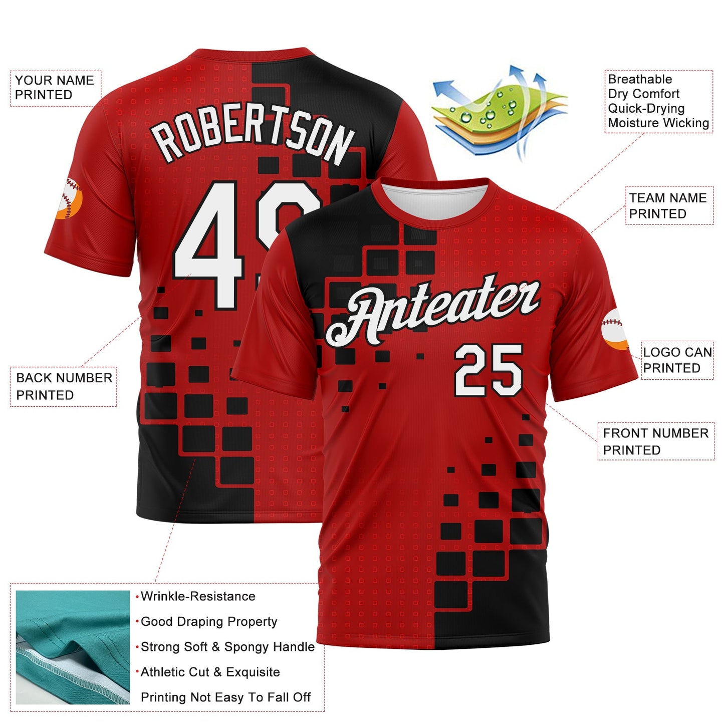 Custom Red White-Black Geometric Square Cyber Tech Gaming Sportswear Performance T-Shirt view 2