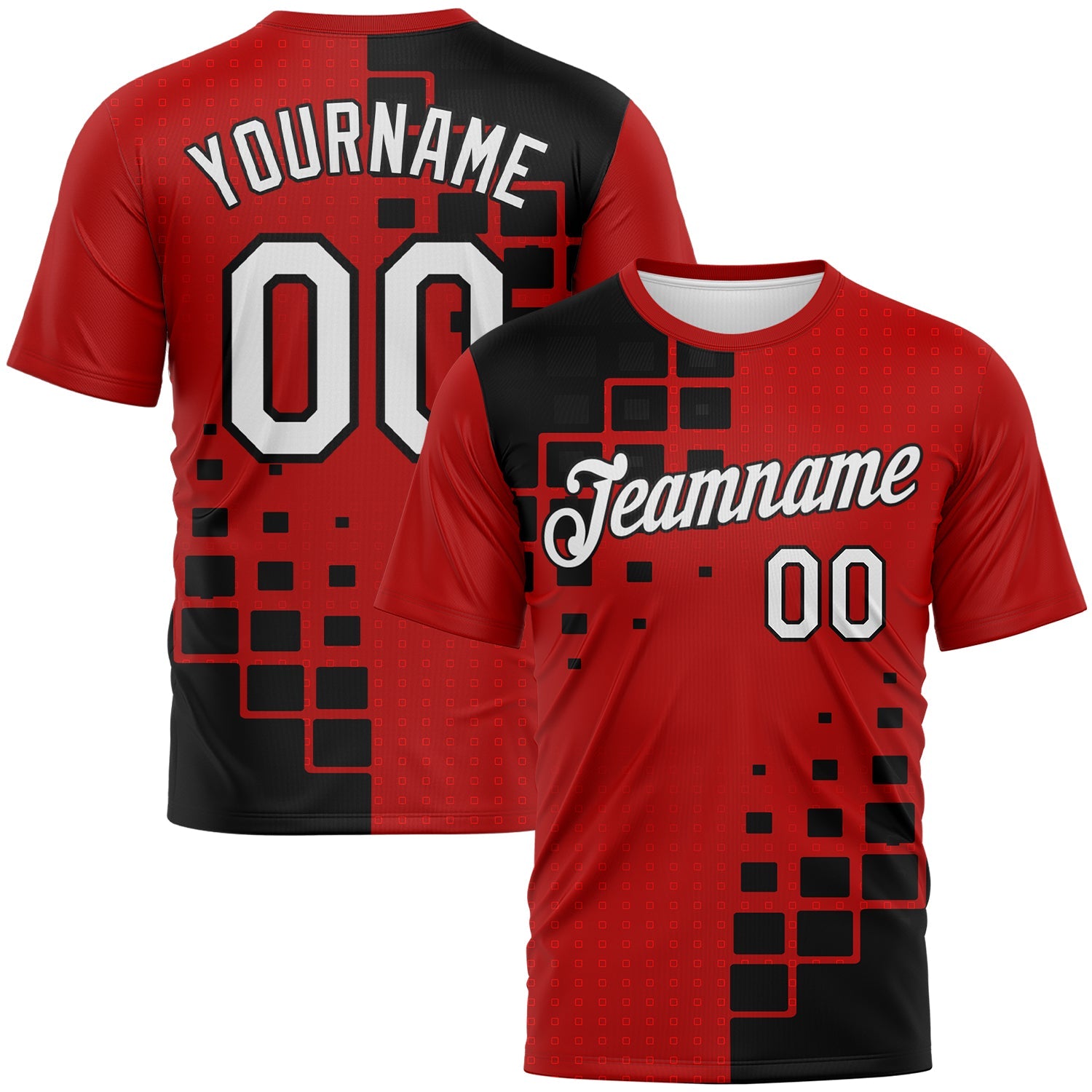 Custom Red White-Black Geometric Square Cyber Tech Gaming Sportswear Performance T-Shirt - Main View
