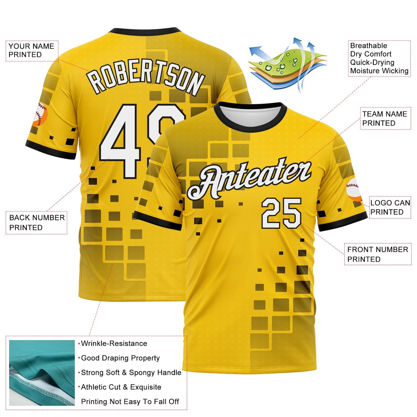 Custom Yellow White-Black Geometric Square Cyber Tech Gaming Sportswear Performance T-Shirt view 2