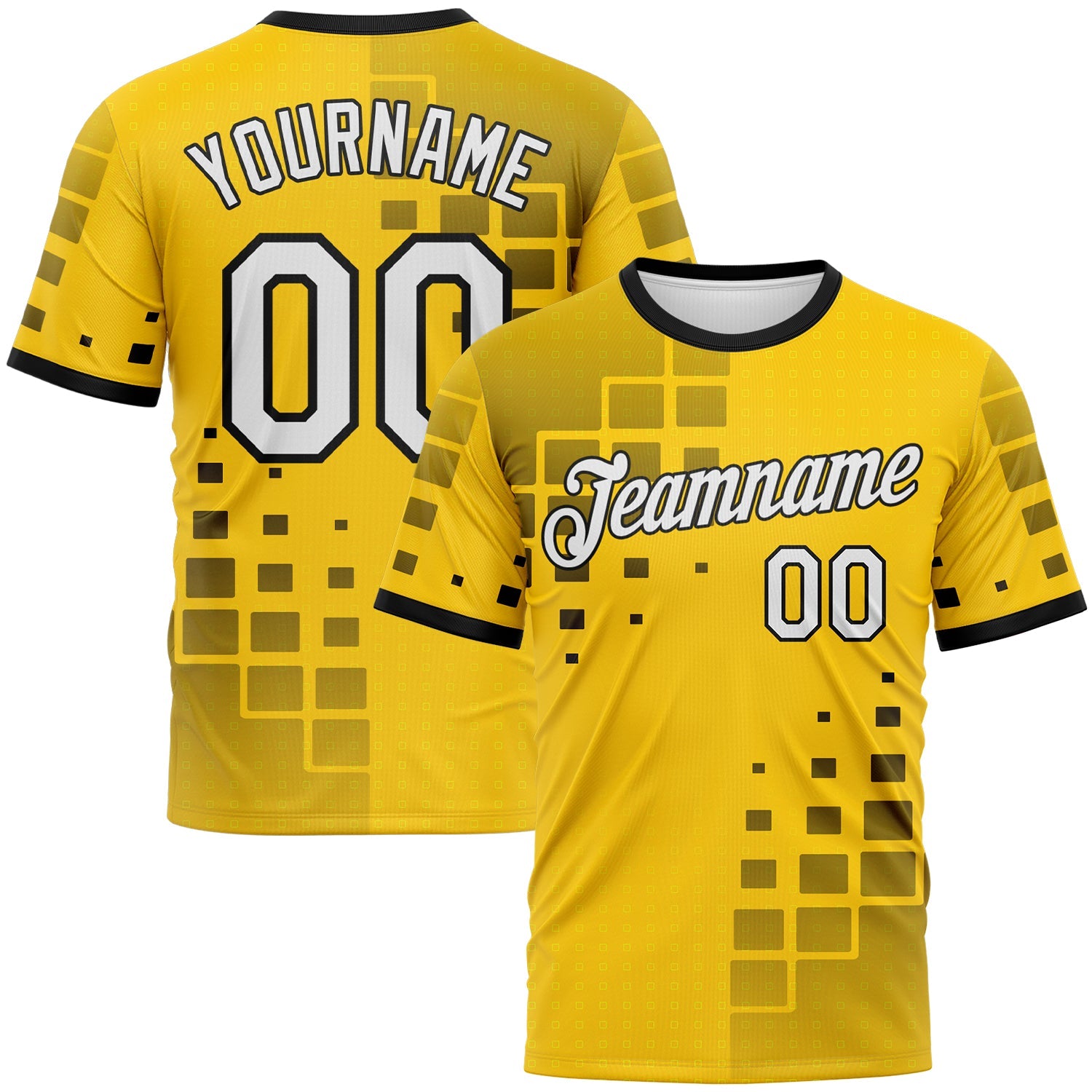 Custom Yellow White-Black Geometric Square Cyber Tech Gaming Sportswear Performance T-Shirt - Main View
