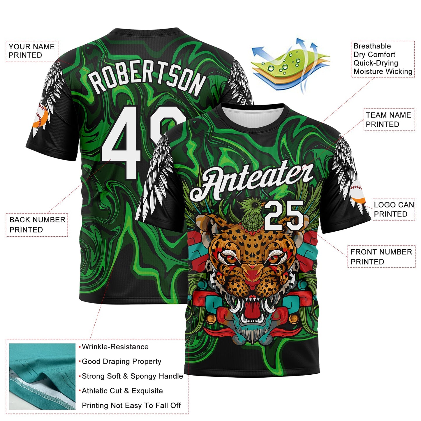 Custom Black White-Green Animal Jaguar Mascot Ethnic Tribal Performance T-Shirt view 2