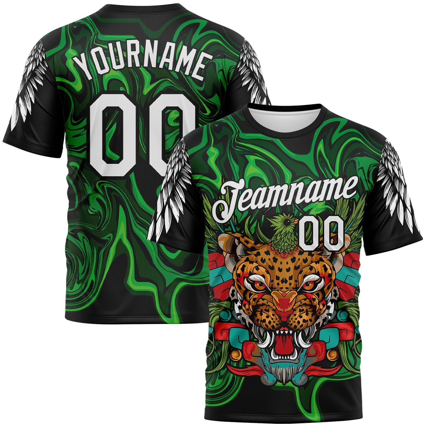 Custom Black White-Green Animal Jaguar Mascot Ethnic Tribal Performance T-Shirt - Main View