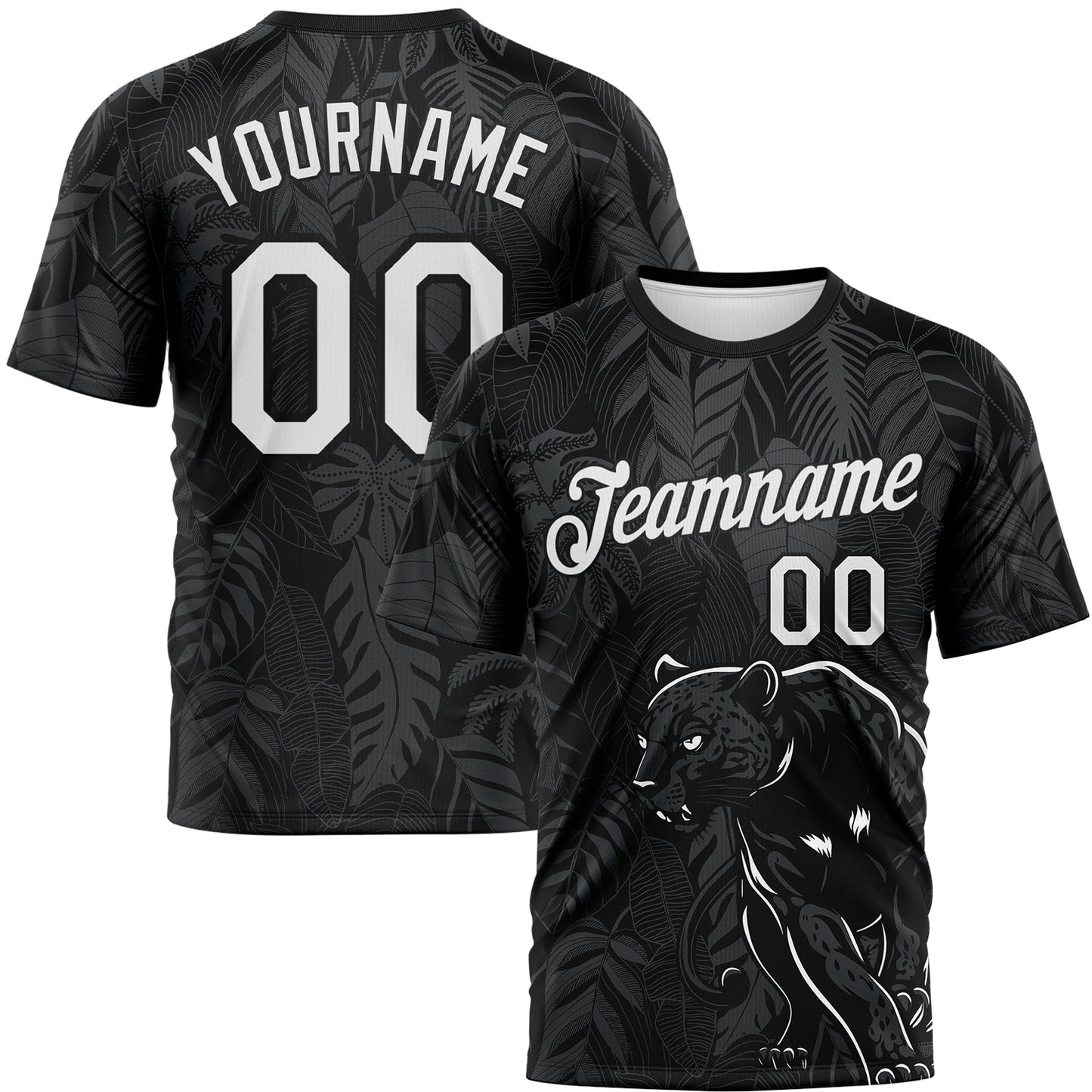 Custom Black White-Gray Animal Panther Mascot Tropical Leaves Performance T-Shirt - Main View