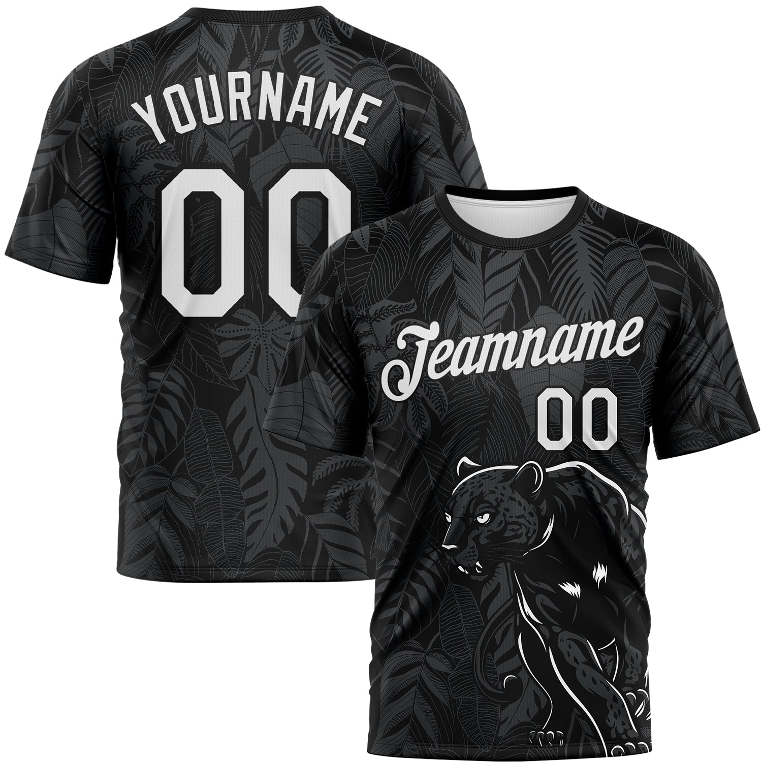 Custom Black White-Gray Animal Panther Mascot Tropical Leaves Performance T-Shirt - Main View