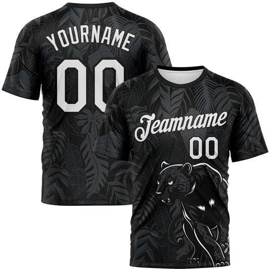 Custom Black White-Gray Animal Panther Mascot Tropical Leaves Performance T-Shirt - Main View