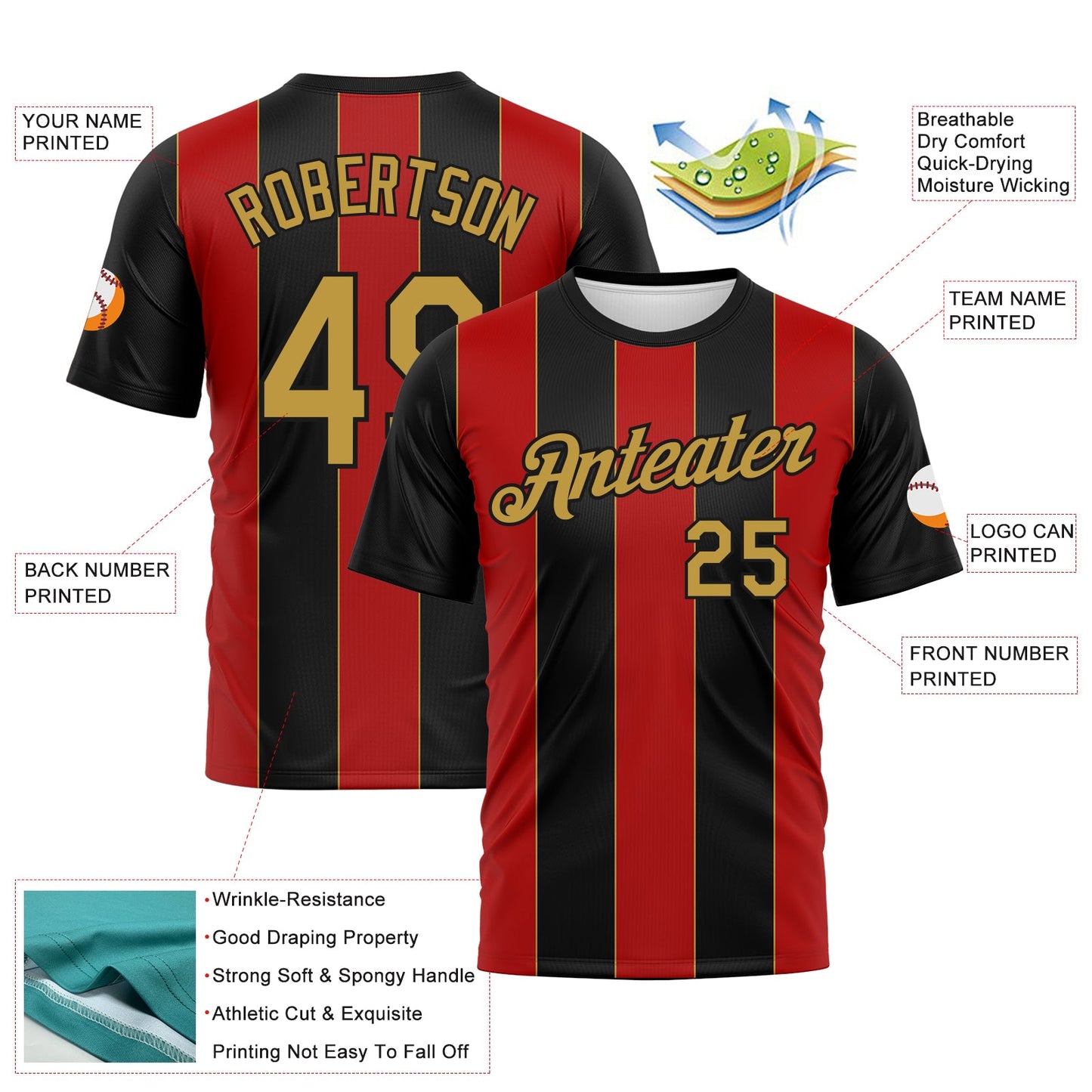 Custom Black Old Gold-Red Stripe Sportswear Performance T-Shirt view 2