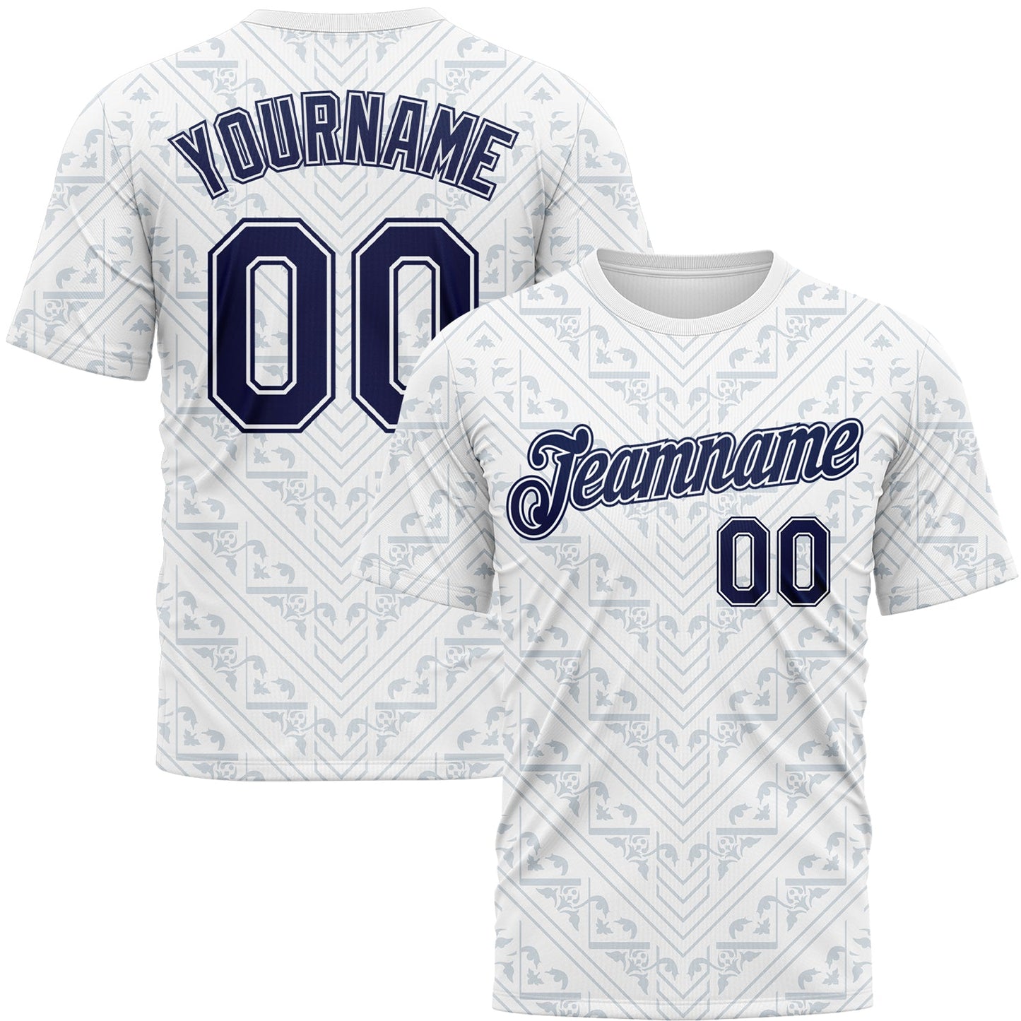 Custom White Navy-Gray Geometric Floral Subtle Sportswear Performance T-Shirt - Main View
