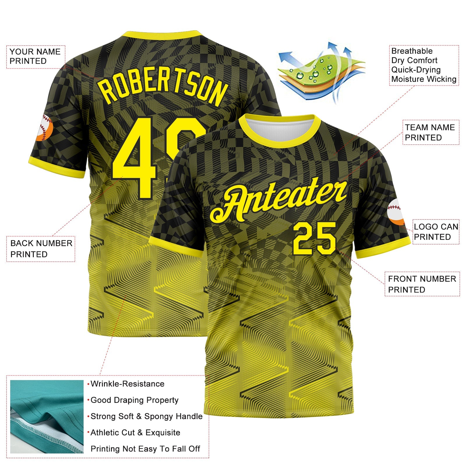 Custom Black-Light Yellow Gradient Geometric Sportswear Performance T-Shirt view 2
