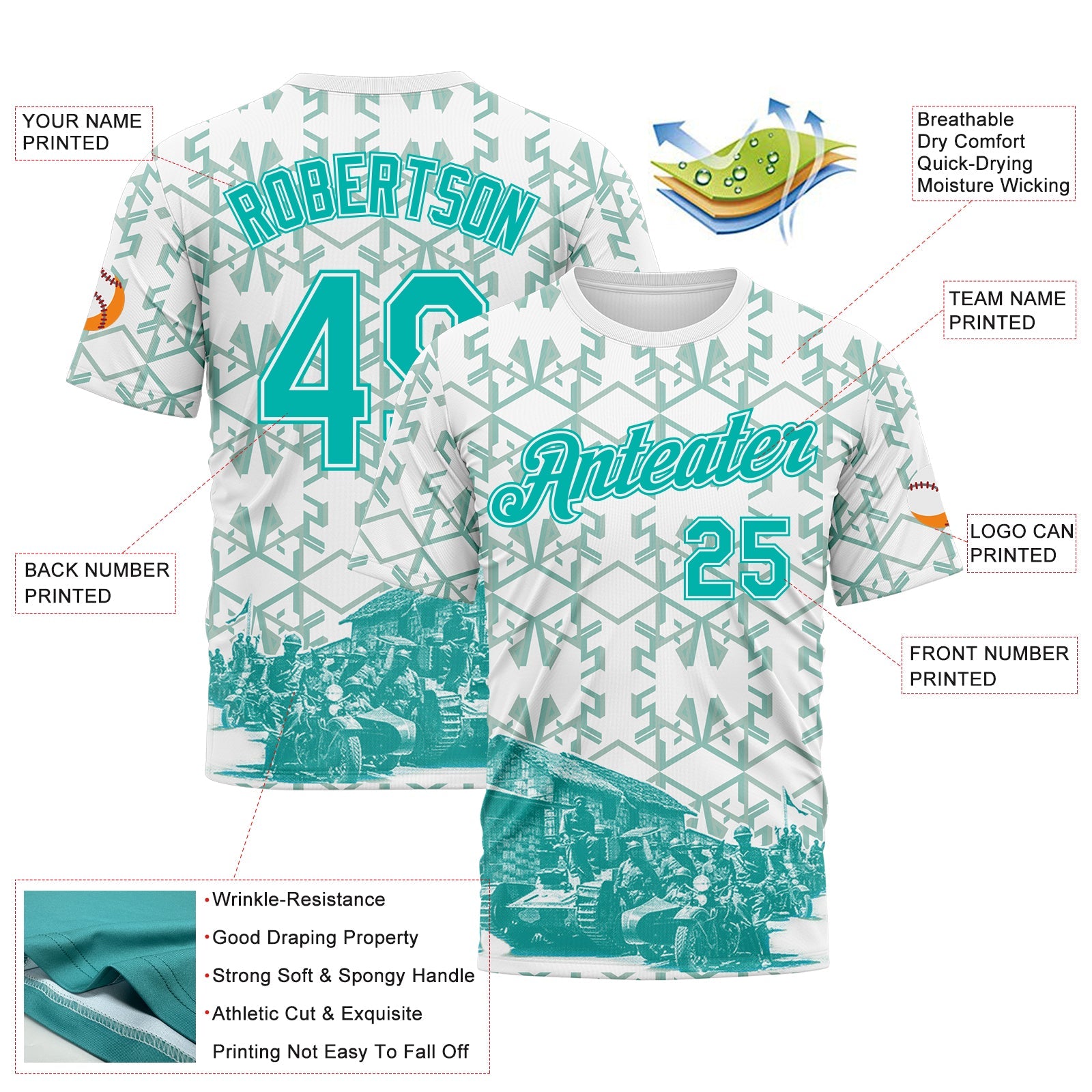 Custom White-Aqua Geometric Military Vibe Performance T-Shirt view 2