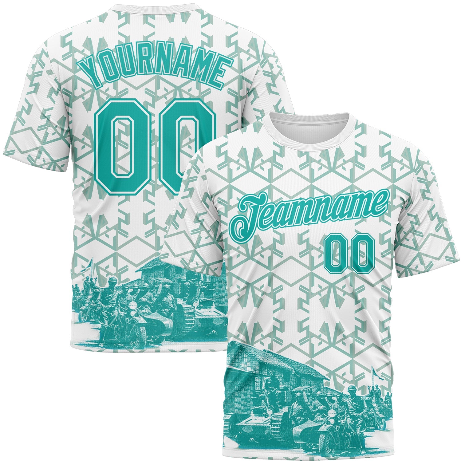 Custom White-Aqua Geometric Military Vibe Performance T-Shirt - Main View