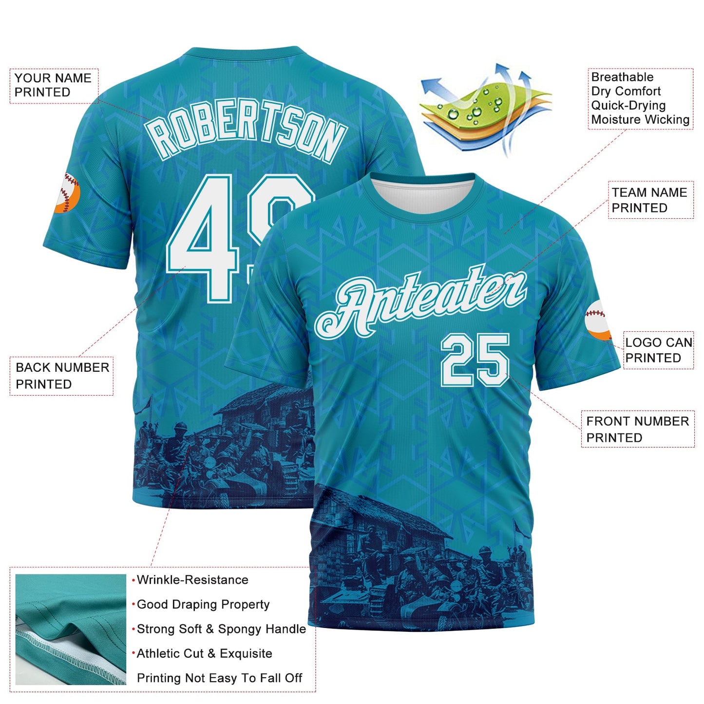 Custom Teal-White Geometric Military Vibe Performance T-Shirt view 2