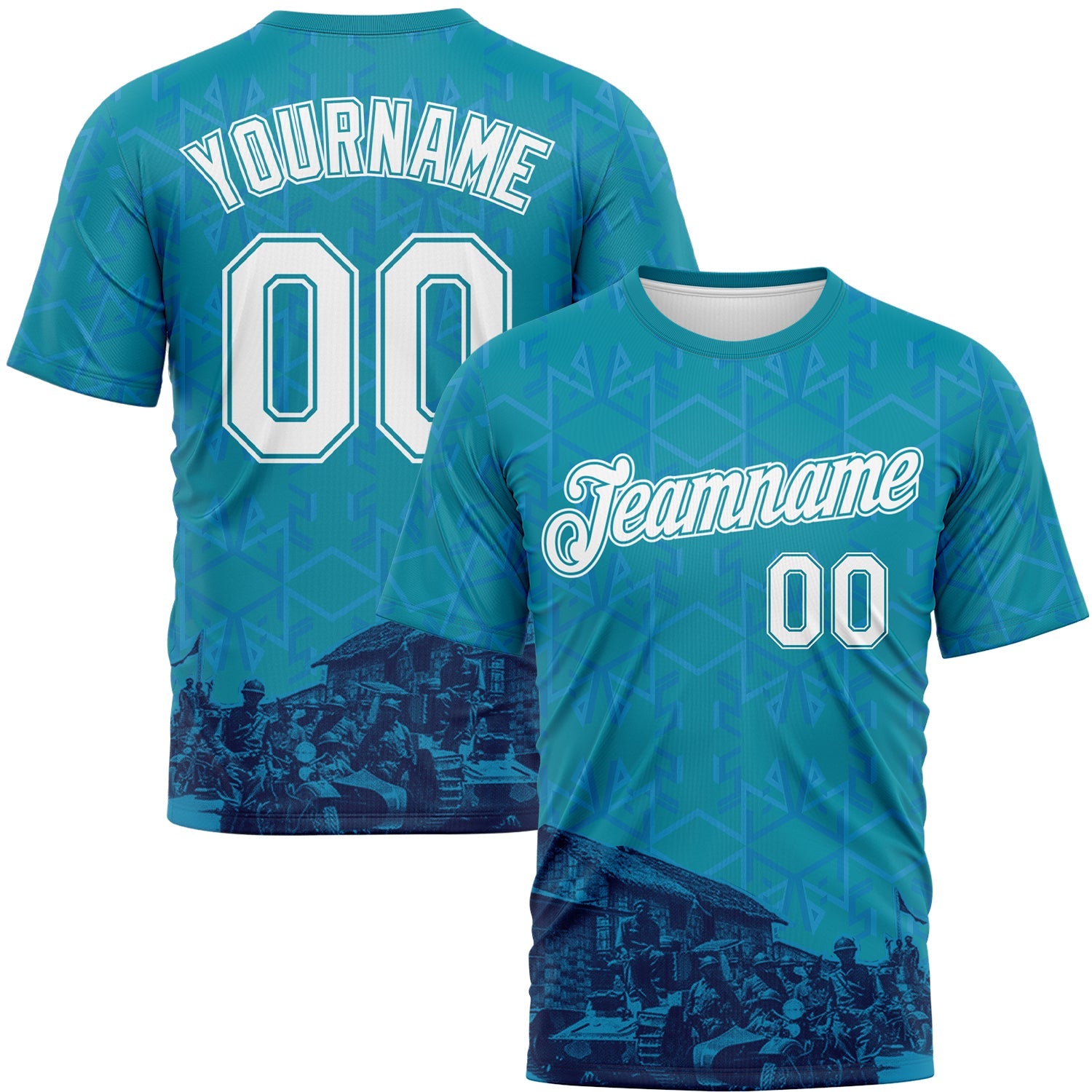 Custom Teal-White Geometric Military Vibe Performance T-Shirt - Main View