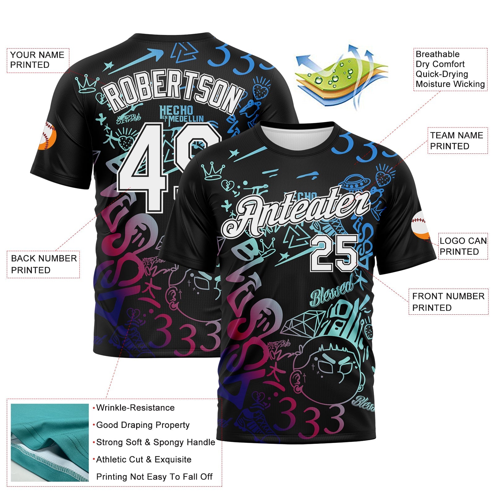 Custom Black White Blue Green-Red Street Graffiti Performance T-Shirt view 2