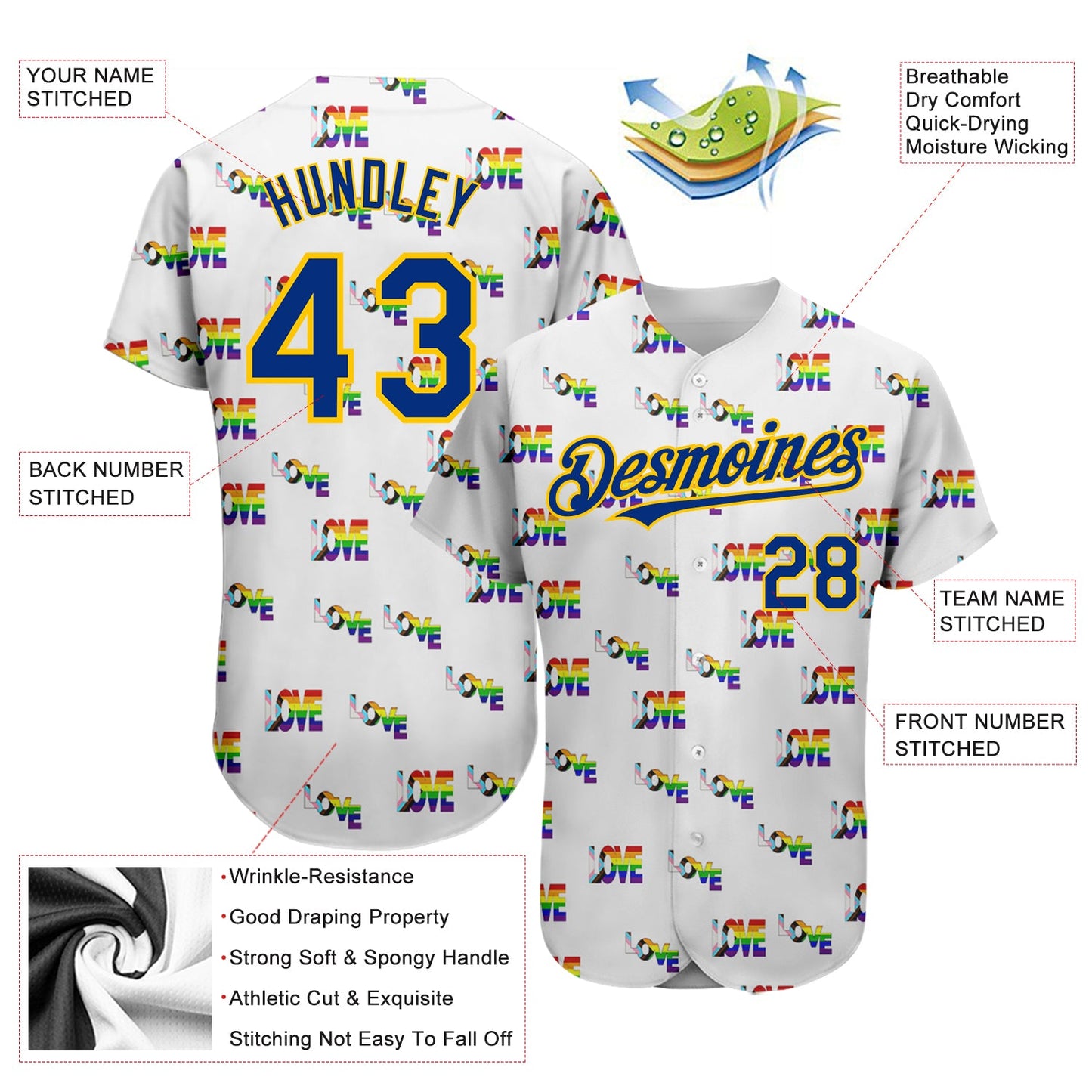 Custom Rainbow For Pride Month Love Is Love LGBT 3D Authentic Baseball Jersey view 3