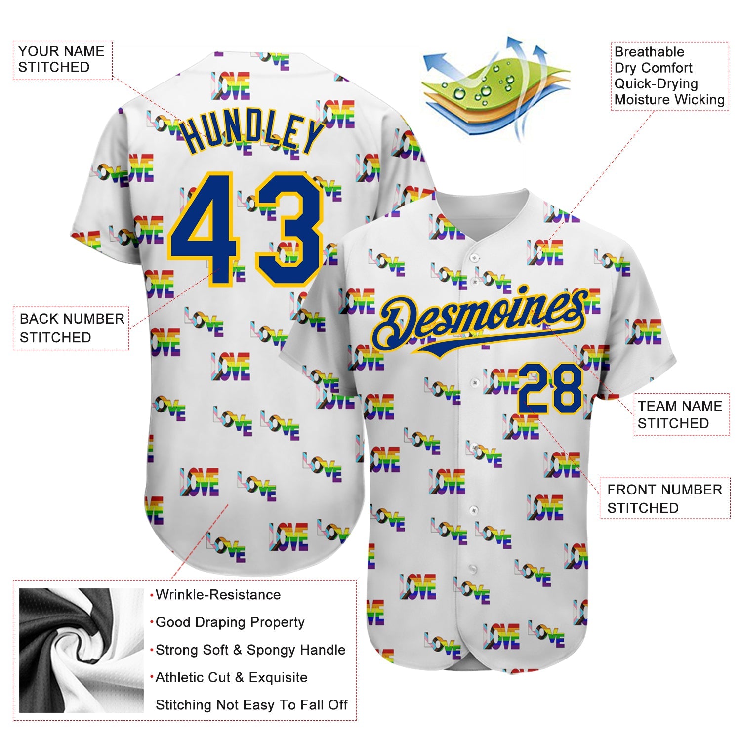 Custom Rainbow For Pride Month Love Is Love LGBT 3D Authentic Baseball Jersey view 3