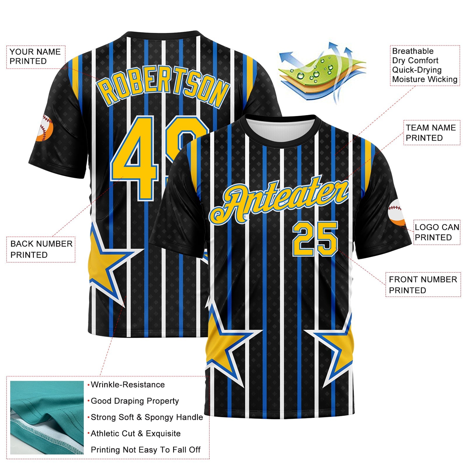 Custom Black Yellow Blue-White Stripe And Star Sportswear Performance T-Shirt view 2