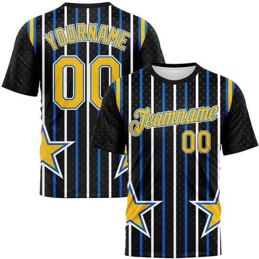 Custom Black Yellow Blue-White Stripe And Star Sportswear Performance T-Shirt - Main View