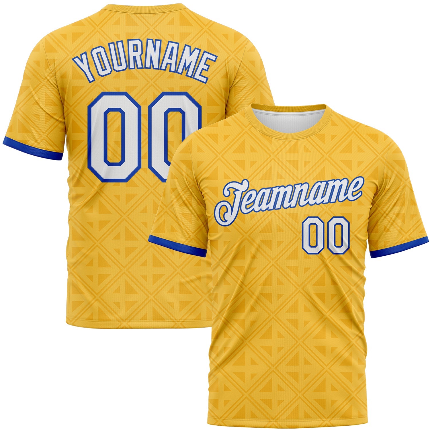Custom Gold White-Thunder Blue Geometric Sportswear Performance T-Shirt - Main View