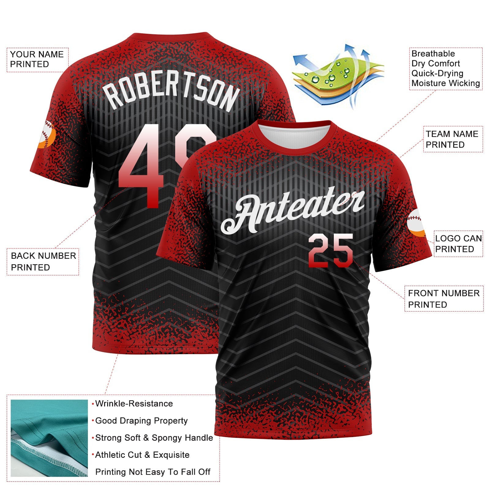 Custom Red Black Gray-White Gradient Speckle Geometric Sportswear Performance T-Shirt view 2